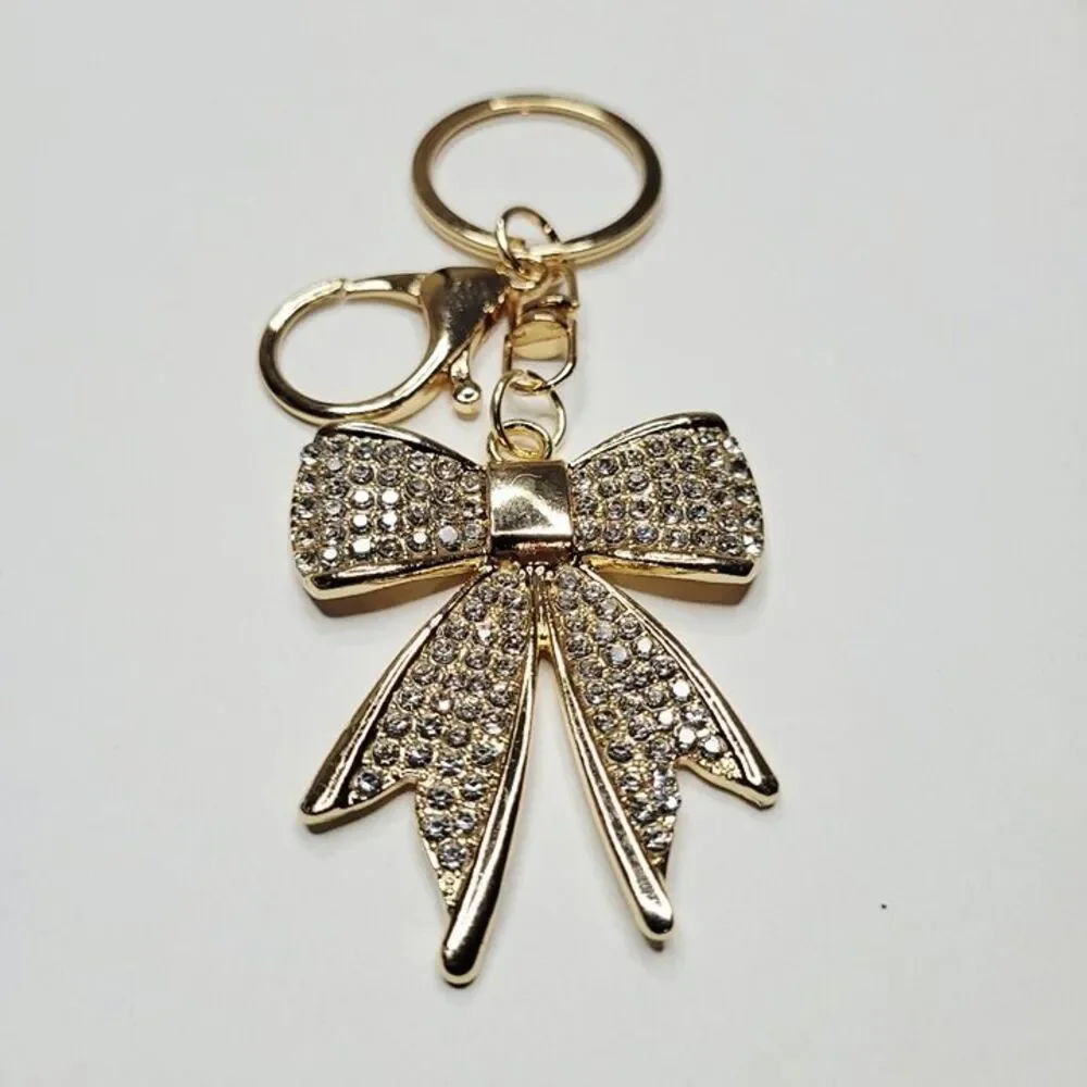 NWT Big Bow Gold Metal Sparkling Rhinestone Keychain Bag Charm